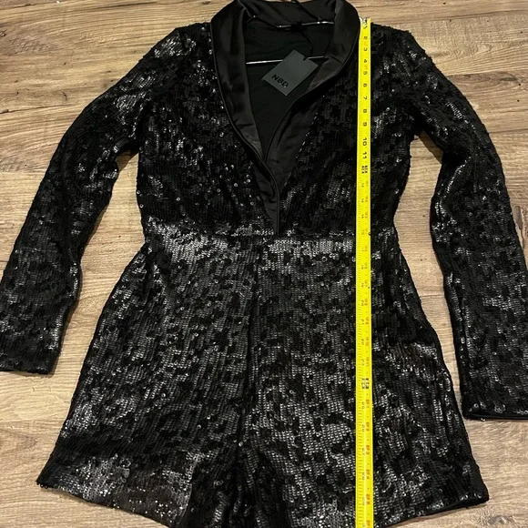 NBD Black Sequin Blazer romper with Satin Shawl Lapel – Size Small, NWT - Picture 9 of 16